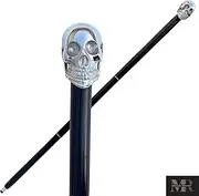 (Skull Walking Cane) - Special SALE - 90cm Walking Stick Silver-Tone Brass Plated Handle & Wood Walking Stick - Decorative Walking Cane for Men & Women
