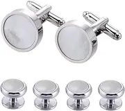 [Jonwo] Tuxedo Cufflinks and Studs Set Mother of Pearl Men Dress Cuff Links Buttons Set Formal Business Wedding