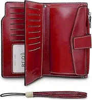 [FuninCrea] Ladies Purse RFID Large Capacity Leather Purses for Women with 20 Credit Card Slots and Zipper Coin Pocket, Womens Purse Fashionable Ladies Wallet with Removable Wrist Strap, Red, L, Modern