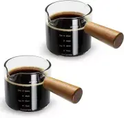 2 Pack Espresso Cups with Wood Handle, Double Spout Glass Measuring Dual Scale,