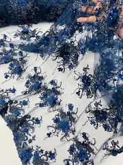 3D Flower Pearl Design Navy Blue Embroidered Floral Sequins Lace Fabric By Yard