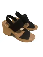 Women’s Dr Scholl’s Becca Sandals Black Slingback Fabric Wood Heel Size 10