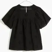 New Madewell Daisy Eyelet Flutter-Sleeve Yoke Top Black XXS AN947