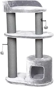 Cattitude Cat Scratch Playground Paper Mache, Grey, 127.5cm Height - Cat House,Paper Wrapped Posts, Hanging Pom Poms, Soft Plush Material, Multi-Level Cat Tree