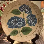 NEW~Decorative 10” Plate~Blue Hydrangeas Design~w/Leaves~Gilding~FREE SHIPPING~