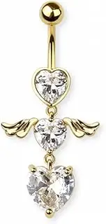 [Pierced Owl] 14GA 316L Stainless Steel Double CZ Crystal Heart with Wings Dangling Belly Button Ring