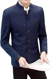 [Gohill] Men's Chinese Tunic Suits Mandarin Collar Formal Jacket Slim Fit Front Button Blazer Traditional Uniform Groom Dress, Navy, Small