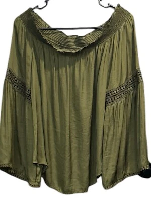 NWT Womens WHBM Off Shoulder Brigitte Lace Trim Top Size XLP Olive Boho Peasant