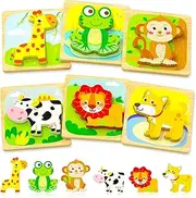 Wooden Toddler Puzzles, 6pcs Animal Montessori Toys for 3+ Year Old Boys & Girls, Learning Educational Preschool Toys, Great Gifts for 3+ Year Olds