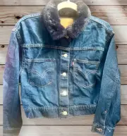 Levi Jacket Button Up Blue Denim Collar Blue Faux Fur Kids L~NWT