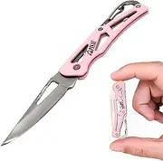 PISAU Small Stainless Steel Camping Folding Knife with Carbinner for Emergceny, Fishing and Camping (Pink)