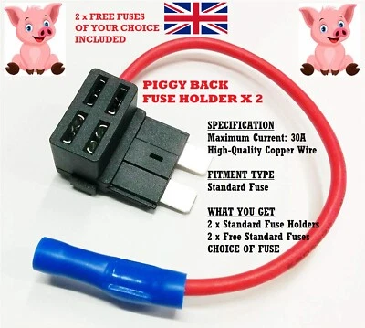 2 x Piggy Back Standard Blade Fuse Holder Adapter 12/24V Add Circuit + Free Fuse