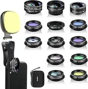 Phone Camera Lens Kit, 14 in 1 Lenses with Selfie Ring Light for iPhone Xs, Xr,8 7 6s Plus, Samsung and other Andriod Smartphone, Universal Clip on Wide angle+Macro+ Zoom Camera Lenses and More