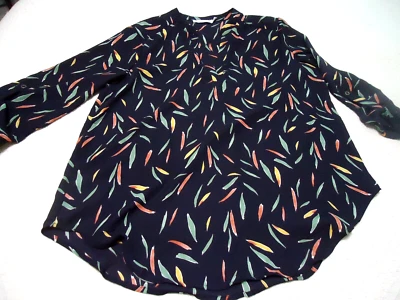 Lush black print semi-sheer pullover blouse, tab sleeves, L