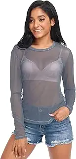 [RPLIFE] Blue Grey Gradient Sheer Shirts, Sheer Long Sleeve Top S-XXL