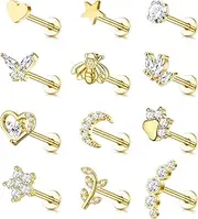 [Sanfenly] 12Pcs 16G Cartilage Tragus Earrings for Women Men Surgical Steel Internally Threaded CZ Moon Heart Star Leaf Nose Labret Monroe Medusa Piercing Stud Tragus Helix Piercing Jewellery