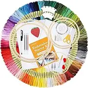 Inscraft 304 Pack Embroidery Kit, 200 Colors Threads, 5 Pcs Bamboo Embroidery Hoops, 2 Pcs Aida Cloth, Instructions, Bag and Cross Stitch Tools Set, Hand Embroidery Starter Kit for Beginners Adults