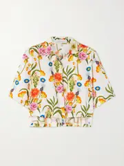 [Borgo de Nor] Borgo de Nor - Alani Cropped Cutout Floral-print Cotton-poplin Shirt - Multi - UK 12 UK 12 Multi
