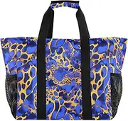 [sanluoli] Tote Bag Foldable Beach Bags With Pockets Canvas Carry Tote, Leopard Blue Gold Fashion, 1 size