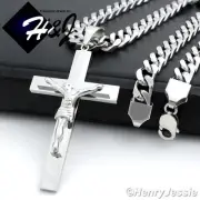 20"MEN Stainless Steel 9x4mm Silver Cuban Curb Chain Necklace Cross Pendant*BJ1
