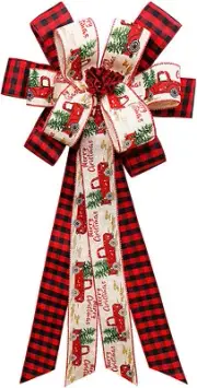 NEW Christmas Tree Topper Bow, Red Buffalo Plaid Tree Toppers W/TRUCKS 30"