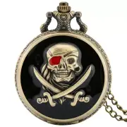 Retro Bronze Skull Pirate Quartz Pocket Watch with Necklace Chain for Men Women