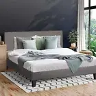 Oikiture Bed Frame Wooden Slats Grey Fabric Double Size