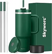 40 oz Tumbler with Handle and Straw, 2 Lids (2 in 1 & LeakProof Lid) - Vacuum Insulated Stainless Steel Double Wall Water Bottle Travel Coffee Mug - Holiday Gifts for Women Men - Dark green
