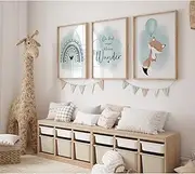 Children's Room Pictures, Set of 3 DIN A2 Poster Set, Children's Room Poster, Decorative Pictures, Children's Room Girls and Boys, Baby Room Decoration, Wall Poster Premium (Fox and Balloon Mint A2)