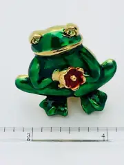 Signed Lia Lianna VTG 1980s Enamel Crystal Frog En tremblan Flower Pin Brooch