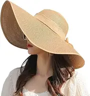 [ericotry] Womens Folable Floppy Hat Wide Floppy Brim Summer Beach Sun Hat Large Brimmed Garden Beach Sun Hat Big Summer Sun Hat Straw Cap Party Garden Travel (Khaki)