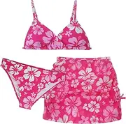 [FEOYA] Bikini 3-Piece Girls' Swimsuit with Flowers or Leaf Print Skirt Summer Beach Swimwear Sun Protection Swimwear Stretch Swimsuit Quick Drying Beachwear 140 150 160 170