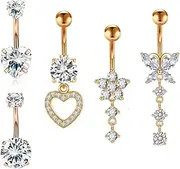 [Thalorix] 5PCS Rose Gold Belly Button Ring Dangle Navel Belly Piercing Jewelry Cute Clear CZ Heart Butterfly Flower Navel Belly Rings for Women 14G Stainless Steel Dainty Dangly Dangling Belly Button Piercing