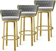 360 ° Swivel Height Bar Stools Set of 1/2/3/4, Open-Back Velvet Barstools with Woven Back and Gold/Black Footrest, Dining Chairs for Kitchen Island Pub(Grey Gold Leg,3 PCS)