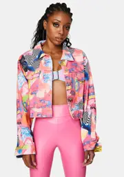 [Elsie & Fred] Empower Print Cropped Denim Jacket