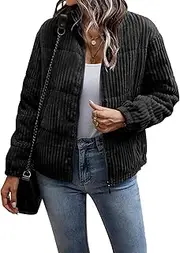 [Kissonic] Women's Corduroy Puffer Jacket Stand Collar Long Sleeve Cropped Puffer Coat Lightweight Fall Jackets