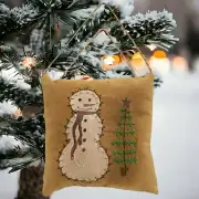 Primitive Snowman with Feather Tree Stitched Pillow Christmas Ornament