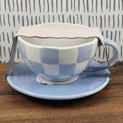 CUTE ❤️ Tea Cup & Saucer Set Coffee Mug CHECKERED W/ Plate Gift Teacup BLUE