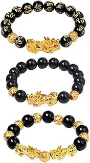 [COLORFUL BLING] 3 Pcs Set Feng Shui Good Luck Bracelets Obsidian Bead Dragon Lucky Charm Bracelet Pixiu Pi Yao Attract Wealth Money Feng Shui Jewelry for Men Women