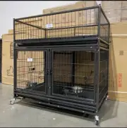 ✅2-TIER HD Dog Kennel Crate 2-Door, Divider, Plastic Flr,Bowl, Tray & Casters