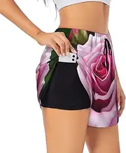 [GaxfjRu] Pink Rose Blossom Print Women's Running Shorts High Waisted Running Shorts Pocket Sporty Gym Elastic Short