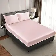 Silk Satin Blush PinkQueen Fitted Sheet Only, Deep Pocket Fitted Sheet Only, Breathable, Non- Fading, Fully Elasticized Bed Sheets Sold Separately