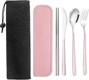 Portable Stainless Steel Cutlery, KUAOOAUK Reusable Travel Utensils, Portable Chopsticks Knife Spoons Forks Set, Travel Cutlery Set with Case for Adults Picnic Camping Daily Use (Pink)