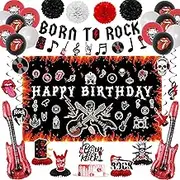 Crenics Rock and Roll Birthday Party Decorations - Happy Birthday Backdrop, Born to Rock Banner, Swirls, Honeycomb, Paper Pom Poms and Balloons for Star Music Rock and Roll Decorations