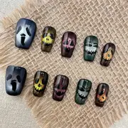 Cat Eye Flash Hand-Painted Halloween Short Trapezoid Press-On Nails