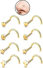 [DGhera] Nose Rings Studs: 10Pcs 20G 316L Surgical Steel Nose Studs Hypoallergenic Corkscrew Nose Piercing Stud Jewelry, Star & Moon & Heart & Cross for Women Men