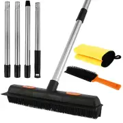 3Pcs Rubber Broom with Squeegee Washable Carpet Rake Broom with Adjustable ◢