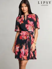 Lipsy Black Floral Pleated Mini Shift Dress (AT8545) | $150