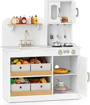 HONEY JOY Play Kitchen for Kids with Storage, Wooden Toy Kitchen Set w/4 Storage Bins, Cupboard, Stovetops, Sink and Faucet, Pretend Play Cooking Set w/Accessories, Cooking Toy for Children Ages 3+