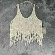 Wrangler Retro Crop Top Womens XL Cream Fringe Knit Boho Country Western Ivory